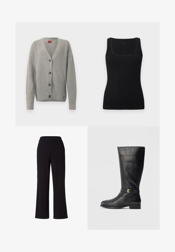 Cárdigan gris con textura acanalada, cuello en V y cinco botones. Presenta mangas largas y un dobladillo recto. Diseño sencillo, material suave.; Camiseta ajustada negra de tela suave, con escote cuadrado y tirantes anchos; sin patrones ni adornos visibles.; Pantalones negros de pierna ancha hechos de una tela suave y elástica. Cuentan con una cinturilla elástica para mayor comodidad. Diseño simple, sin patrones ni adornos.; Bota de cuero negra hasta la rodilla con una textura suave, pequeño detalle de hebilla dorada, punta redondeada y un tacón bajo apilado. Diseño simple y elegante.
