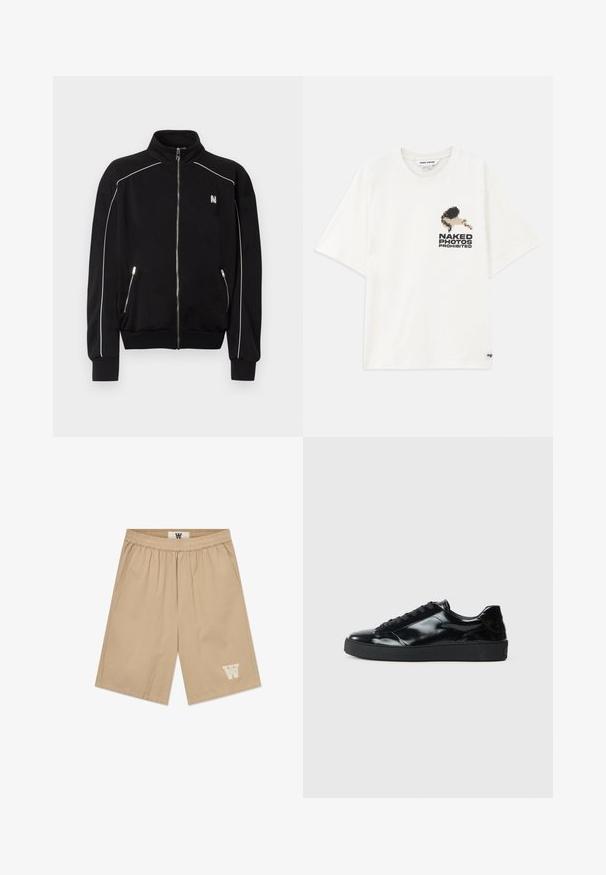Veste noire à fermeture éclair intégrale avec col haut, passepoil blanc le long des épaules et des manches, poches latérales zippées, et petit logo blanc sur la poitrine.; T-shirt en coton blanc avec un graphisme pixelisé d'une silhouette et le texte "PHOTOS NUES INTERDITES" sur le côté gauche. Manches courtes.; Shorts beiges en tissu léger avec une taille élastique, des poches latérales et un accent logo blanc sur la jambe inférieure gauche.; Baskets en cuir verni noir avec un bout arrondi, un laçage, une semelle en caoutchouc texturé et une finition lisse.