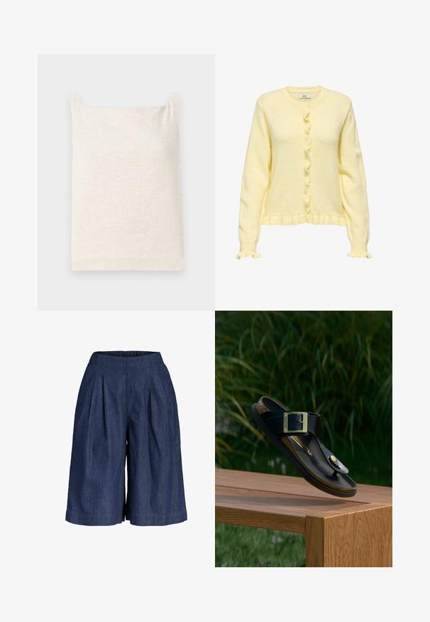 Cardigan jaune doux à manches longues avec col rond, fermeture par boutons sur le devant et bords à volants aux poignets et à l'ourlet.; Haut sans manches beige avec un col carré. Tissu doux et texturé. Design simple avec un ourlet droit et sans motifs ou accents supplémentaires.; Short en denim bleu marine à jambes larges avec plis et taille élastique, longueur genoux avec une coupe décontractée.; Sandale en cuir noir à lanière avec une grande boucle dorée flottant au-dessus d'un banc en bois, herbe verte et plantes en arrière-plan.