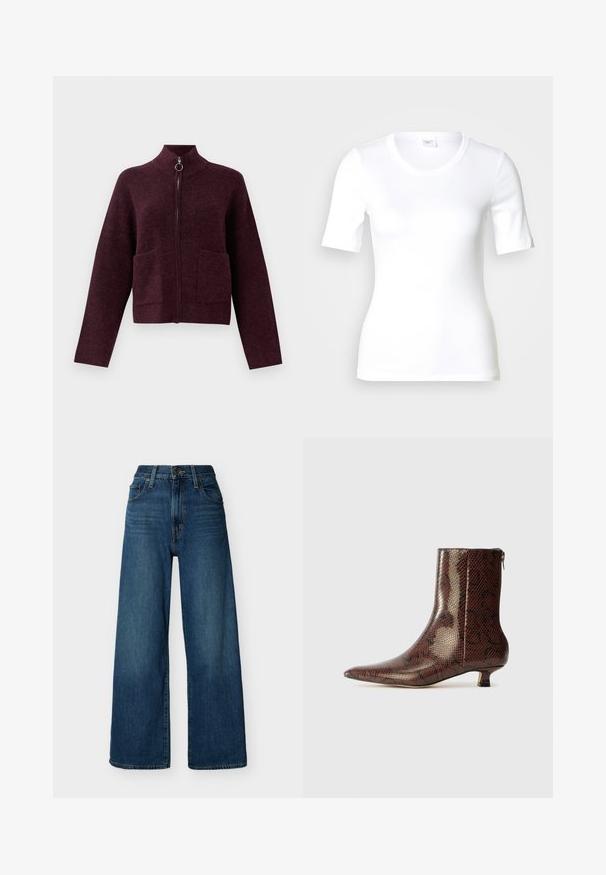Mørkelilla zip-up sweater med høj krave, ring-pull lynlås, lange ærmer og to forlommer på en hvid baggrund.; Hvid T-shirt med korte ærmer lavet af glat bomuld, med rund halsudskæring og en tætsiddende pasform. Klassisk design uden mønstre eller detaljer.; Blå denimjeans med høj talje og vide ben, forstærket med knap- og lynlåslukning foran, bæltestropper og forlommer på en ensfarvet baggrund.; Brun, slangemønstret ankelstøvle med spids tå, lav kitten hæl og lynlås bagpå, lavet af blankt syntetisk materiale.