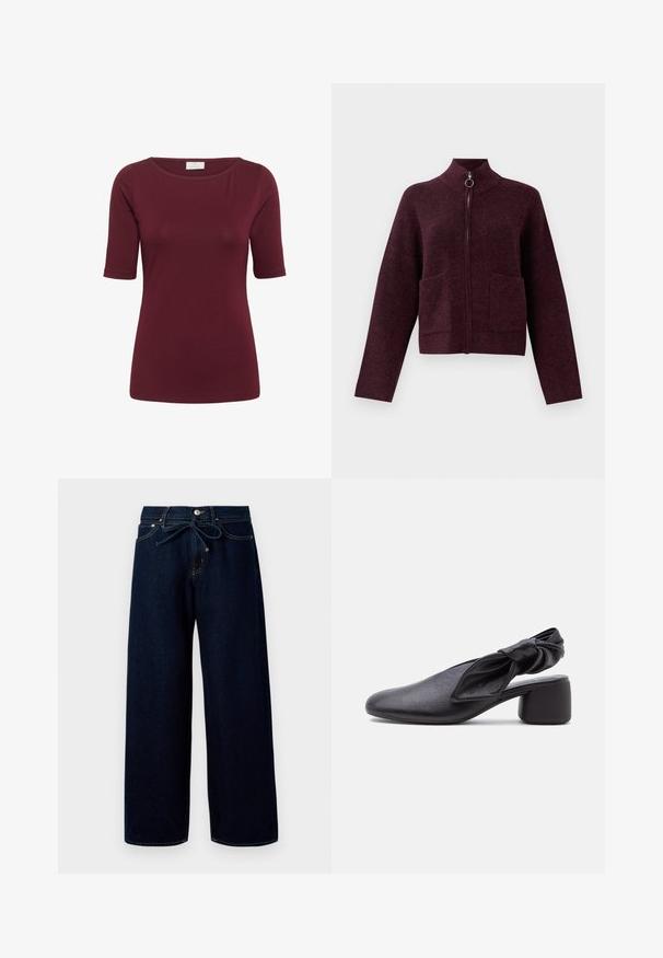 Sweater zippé violet foncé avec col montant, fermeture éclair avec anneau de tirage, manches longues et deux poches à rabat à l'avant sur un fond blanc.; Kaffe KAYOKO BOATNECK - T-shirt basique - zinfandel; Jean large bleu foncé en denim, doté d'une fermeture à bouton à l'avant et d'une taille à cordon, avec des détails de couture contrastants.; Chaussure slingback en cuir noir avec bout arrondi, détail de bride nouée et petit talon carré sur fond blanc.