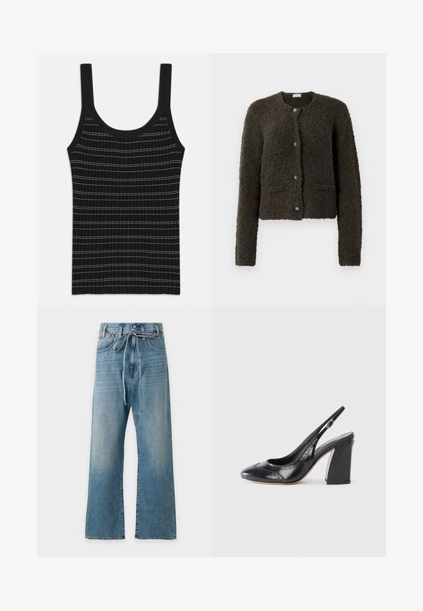 Kort, mørkegrøn cardigan med en struktureret overflade, rund halsudskæring og fem knapper. Har to forlommer og lange ærmer.; Sort ribbet tanktop med tynde hvide striber, der har en rund halsudskæring og brede skulderstropper. Glat tekstur, tætsiddende design.; Højttaljede blå denimjeans med brede ben og et bundet stofbælte i taljen, vist på en ensfarvet lys baggrund.; Sort læder slingback pump med rund tå, broguedetaljer og en blank finish. Har en kraftig blokhæl og en sidebuckle.