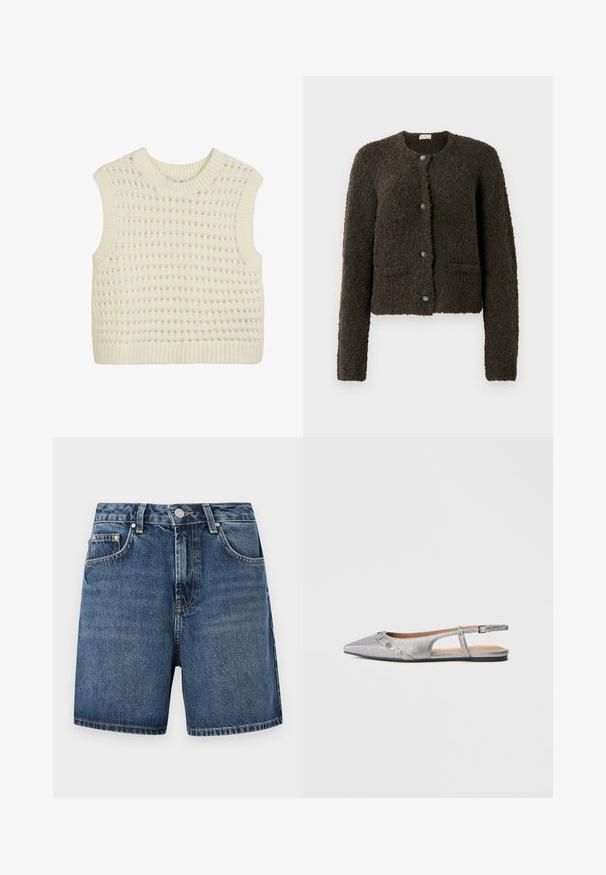 Kort, mørkegrøn cardigan med en struktureret overflade, rund halsudskæring og fem knapper. Har to forlommer og lange ærmer.; Ærmeløs strikket tanktop i creme, med et struktureret åbent vævemønster samt ribbede kanter ved hals og bund.; Denimblå shorts med forreste knap, lynlås, bæltestropper og fem-lomme-design i klassisk jeansstil.; Sølvfarvet slingback-flad sko med spids tå, tekstureret finish og dekorative sølvpynt på frontremmen.
