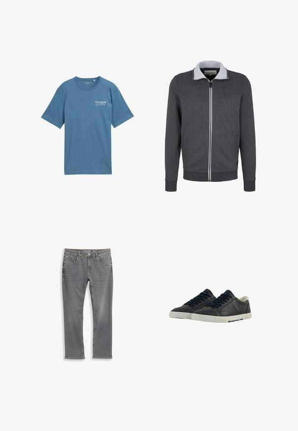 Graue Zip-Jacke mit einem hellgrauen Kragen, gerippten Bündchen und Saum. Verfügt über Seitentaschen und eine glatte Textur.; Blaues Baumwoll-T-Shirt mit kurzen Ärmeln, rundem Ausschnitt und dezentem Aufdruck-Logo auf der linken Brust. Weicher Stoff, lässige Passform.; Graue Jeans aus Denim mit geradem Schnitt. Verfügt über vordere Taschen, einen Knopfverschluss und dezentes Ausbleichen. Gestickte Details an den Nähten.; Marineblaue Leder-Sneaker mit weißen Gummisohlen, runder Spitze und schwarzen Schnürsenkeln. Subtile Texturen und Branding an den Seiten. Lässiges Design.