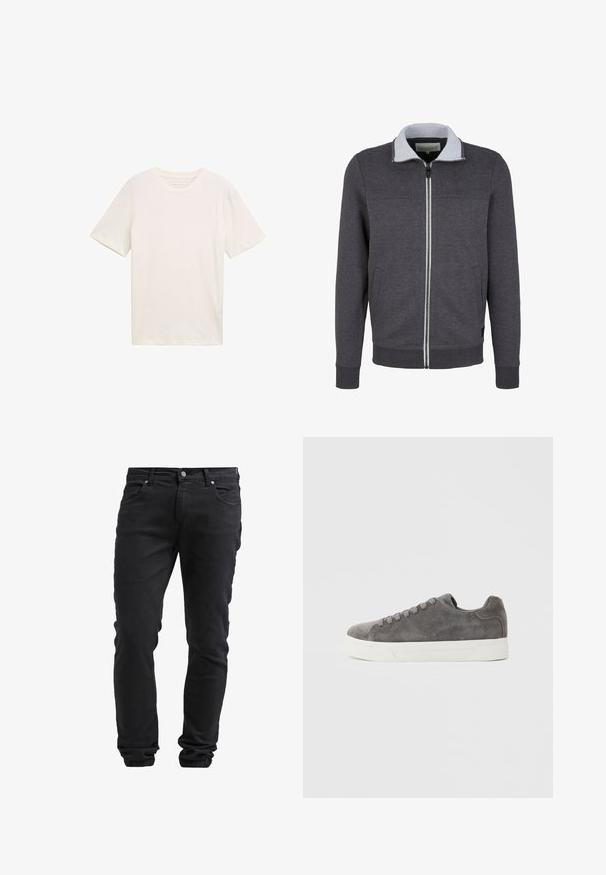 Grå zip-up jakke med en lys grå krave, ribbede manchetter og bundkant. Har sidelommer og en glat tekstur.; Kortærmet T-shirt med rund hals i off-white bomuld. Har en afslappet pasform med glat tekstur og ingen bemærkelsesværdige mønstre eller accenter.; Sorte slim-fit jeans med knap- og lynlås-lukning, fem lommer og elastiske manchetter ved anklerne.; Grå ruskinds-lavtop-sneaker med hvid gummisål og matchende grå snørebånd, vist fra siden mod en ensfarvet baggrund.