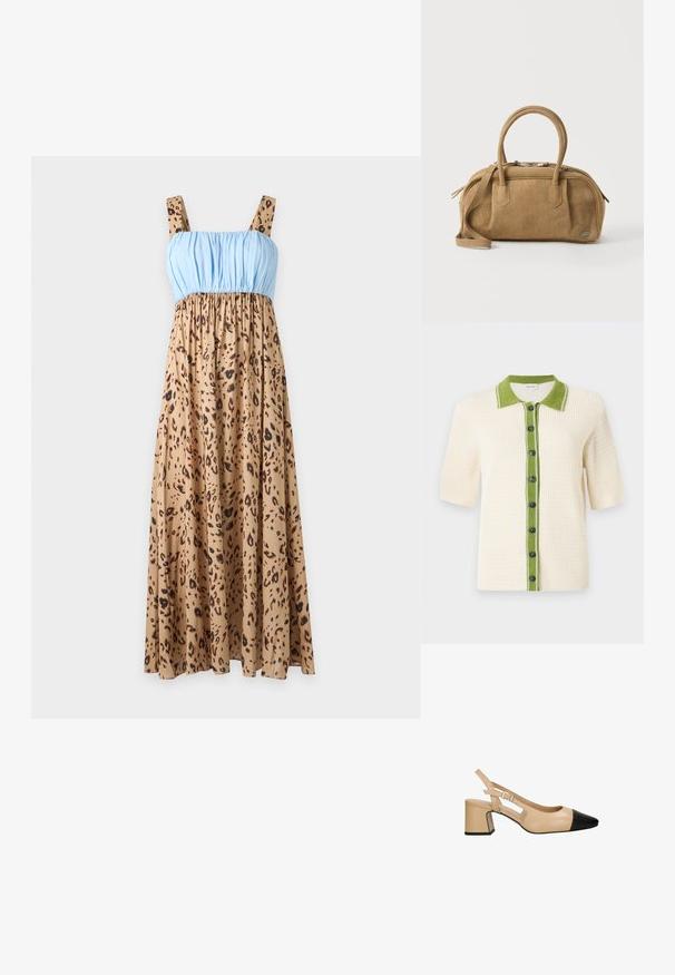 CLOSED SHORT SLEEVE - Vest - ecru; Mouwloze lange jurk met lichtblauw geplooid lijfje en beige rok met zwarte en bruine luipaardvlekken.; Beige slingback hak met een zwarte lakleder teenkap, vierkante blokhak en een verstelbare band met gesp. Gladde textuur overal.; Lichtbruine gestructureerde handtas met dubbele handvatten, verstelbare schouderriem en zilveren rits bovenop, geplaatst op een effen witte achtergrond.