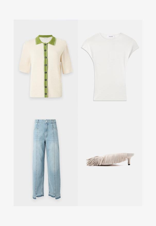 CLOSED SHORT SLEEVE - Cardigan - ecru; Hvid kortærmet skjorte lavet af blød, ribbet stof. Rund hals; afslappet pasform med lette cap-ærmer. Mærkeetikette synlig ved halsudskæringen.; Lys blå denim jeans med brede ben, høj talje og frynset kant. Har to forlommer og synlige sømme langs sømmene.; Beige ruskind mule med lav kittenhæl og lagdelt frynser, der dækker overlæderet, vist fra siden på hvid baggrund.