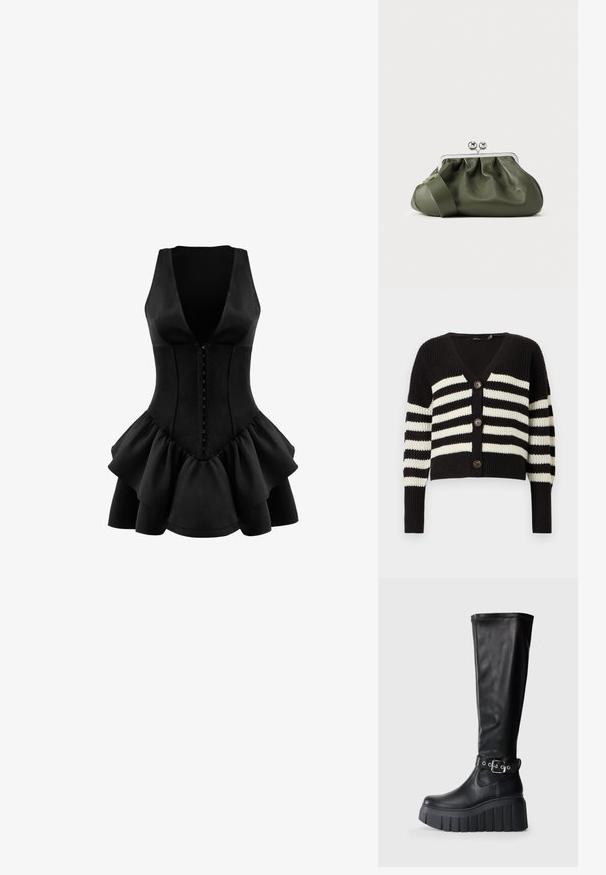 Sort strikket cardigan med hvide, vandrette striber, tre knapper foran, dyb V-udskæring og lange ærmer med ribkant.; OW Collection AUGUSTA - Jerseykjole - black; Sorte knæhøje støvler lavet af glat læder, med en tyk platformsål, en chunky hæl og en justerbar bælteaccent nær anklen.; Olivengrøn læderclutch med ruchet design, sølvmetalramme og dobbelt kugle-lukning. Har en glat tekstur og en bred rem.
