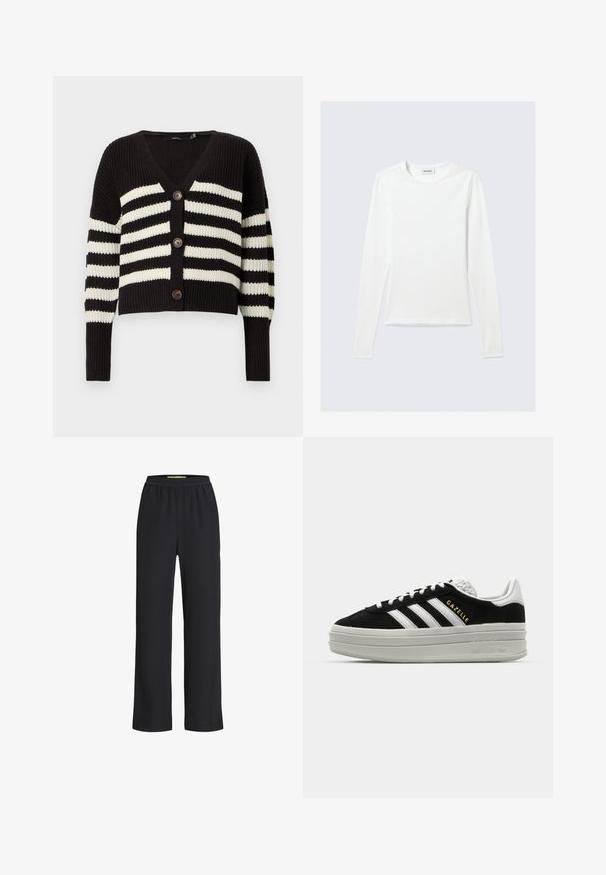 Sort strikket cardigan med hvide, vandrette striber, tre knapper foran, dyb V-udskæring og lange ærmer med ribkant.; Langærmet, enkel hvid T-shirt med rund halsudskæring og tætsiddende pasform, vist mod en lysegrå baggrund.; Sorte bredde-ben bukser med elastisk talje, lavet af et blødt stof, der har en glat overflade og en løs pasform hele vejen ned ad benene.; Sort ruskind sneaker med hvide læderdetaljer, tre hvide striber, flade snørebånd og en tyk grå platformsål. Guldfarvet "Gazelle" branding.