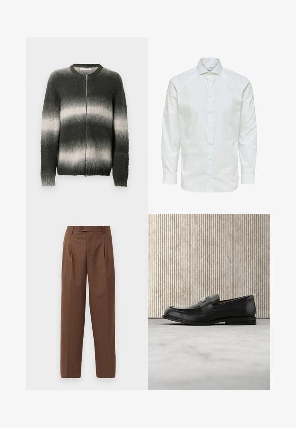 Blød, strikket sweater i mørkegrøn og lysegrå gradueret farve. Har lynlås foran, rund halsudskæring samt ribstrikkede ærmegab og kant.; Hvid skjorte med lange ærmer med knaplukning foran og spids krave, vist mod en hvid baggrund.; Brune skræddersyede bukser med lige pasform, synlige folder, forlommer og en enkelt knaplukning i taljen. Glat tekstur.; Sort læderloafer med metalbrandskilt hvilende nær et brunt rundt bord på beige tæppe.