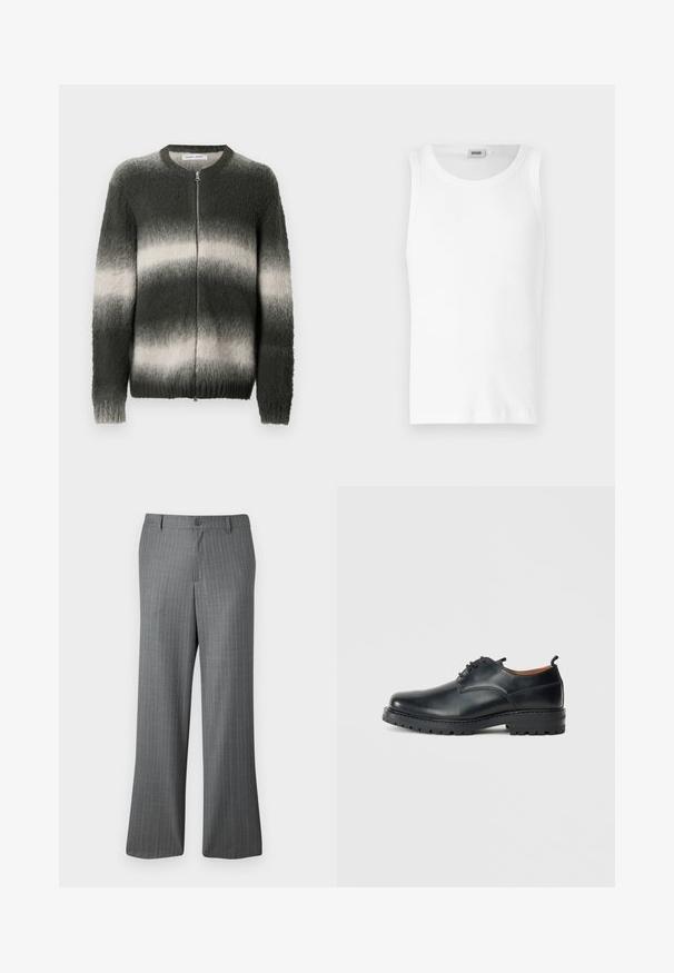 Suéter tejido difuso en degradado de verde oscuro y gris claro. Cuenta con cierre frontal con cremallera, cuello redondo y puños y bajo acanalados.; Camiseta sin mangas de algodón blanco con cuello redondo y una textura suave. Diseño sencillo, sin patrones ni acentos.; Pantalones de rayas grises con un ajuste relajado, que presentan un cierre de botón, pasadores para cinturón y sutiles rayas azul claro en toda su superficie.; Zapatos derby de cuero negro con una textura suave, punta redondeada, diseño de cordones y una suela de goma gruesa y resistente.