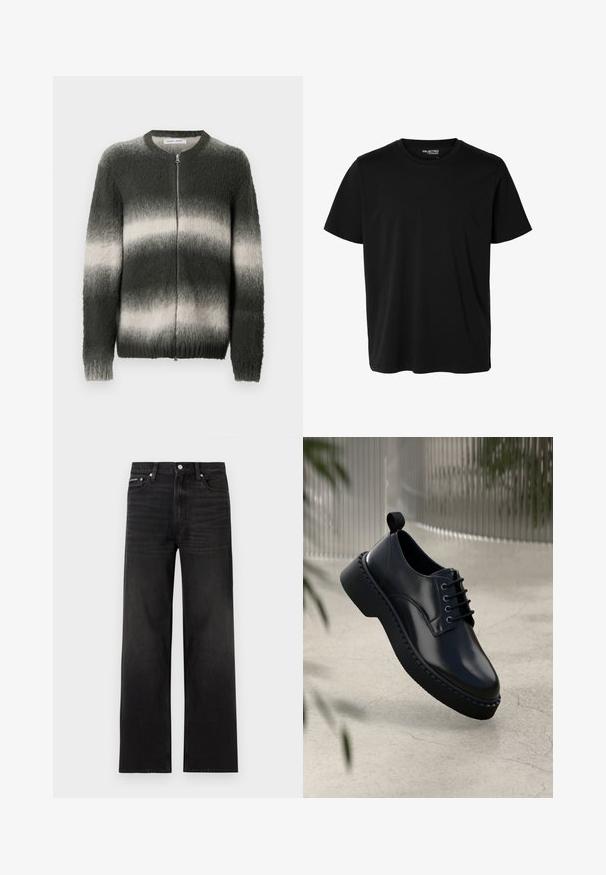 Pull en maille pelucheuse avec dégradé vert foncé et gris clair. Comprend une fermeture éclair à l'avant, un col rond, ainsi que des poignets et un ourlet côtelés.; T-shirt noir uni à manches courtes et col rond pour homme, sans motifs ni logos visibles à l’avant.; Jean noir droit avec cinq poches, passants pour ceinture et fermeture par bouton, présenté sur un fond blanc.; Chaussure en cuir noir avec un bout arrondi, un laçage et une semelle en caoutchouc épaisse dotée d'un bord texturé. Finition élégante et matériel minimal.