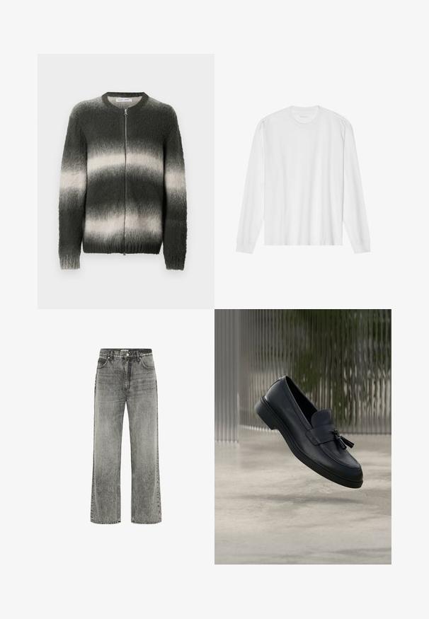 Pull en maille pelucheuse avec dégradé vert foncé et gris clair. Comprend une fermeture éclair à l'avant, un col rond, ainsi que des poignets et un ourlet côtelés.; T-shirt blanc en coton à manches longues avec col rond, doté de poignets côtelés et d'un ourlet droit, texture lisse et design minimaliste.; Jean large gris en denim avec une finition délavée. Comprend des poches avant, des passants de ceinture et une fermeture éclair avec un bouton.; Mocassins en cuir noir avec une texture lisse, un bout arrondi et des pampilles décoratives à l'avant. Semelle en caoutchouc flexible avec un petit talon.