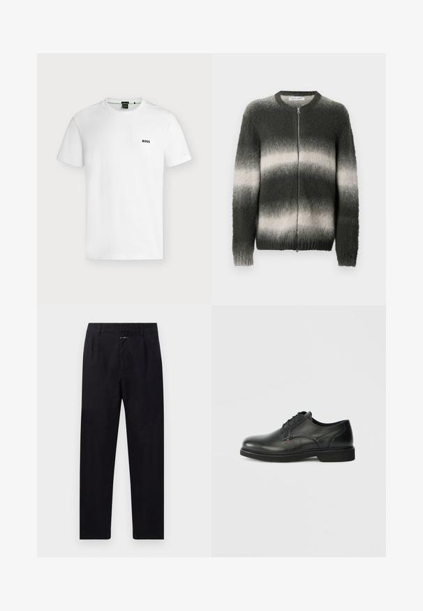 Pull en maille pelucheuse avec dégradé vert foncé et gris clair. Comprend une fermeture éclair à l'avant, un col rond, ainsi que des poignets et un ourlet côtelés.; T-shirt blanc uni à manches courtes avec un petit logo noir "BOSS" sur la poitrine gauche, présenté sur un fond clair.; Pantalon en coton noir avec une coupe droite, doté de plis à l'avant, de poches latérales et d'une fermeture éclair. Finition en tissu texturé.; Chaussures en cuir noir à lacets, avec un bout rond, une finition texturée et une semelle lisse présentant un léger bord surélevé. Design minimaliste.