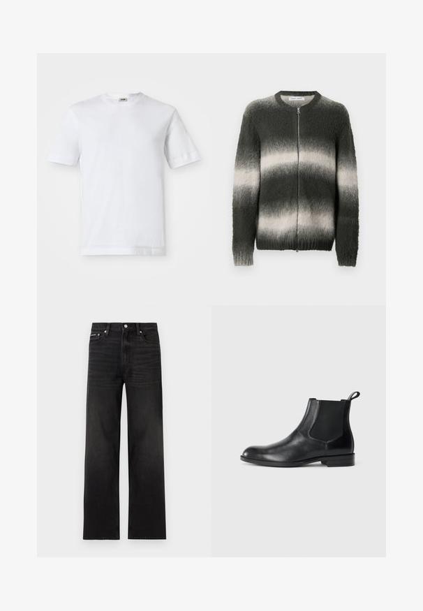 Suéter tejido difuso en degradado de verde oscuro y gris claro. Cuenta con cierre frontal con cremallera, cuello redondo y puños y bajo acanalados.; Camiseta de algodón blanca con mangas cortas, escote redondo y una textura suave. No se observan patrones ni detalles.; Jeans negros de pierna recta con diseño de cinco bolsillos, presillas para cinturón y cierre de botón, mostrados sobre un fondo blanco.; Botín negro de cuero hasta el tobillo con paneles elásticos a los lados, punta redondeada y lengüeta. Textura suave, suela plana, diseño minimalista.