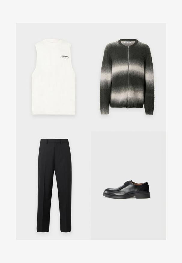 Pull en maille pelucheuse avec dégradé vert foncé et gris clair. Comprend une fermeture éclair à l'avant, un col rond, ainsi que des poignets et un ourlet côtelés.; T-shirt blanc sans manches avec col rond et petit logo noir AllSaints sur le haut gauche de la poitrine.; Pantalon droit noir avec passants de ceinture, pli avant et braguette zippée sur fond blanc.; Chaussure de ville en cuir noir avec un bout arrondi, surface lisse, détails en dentelle et une semelle en caoutchouc texturée basse. Lignes épurées et design minimal.