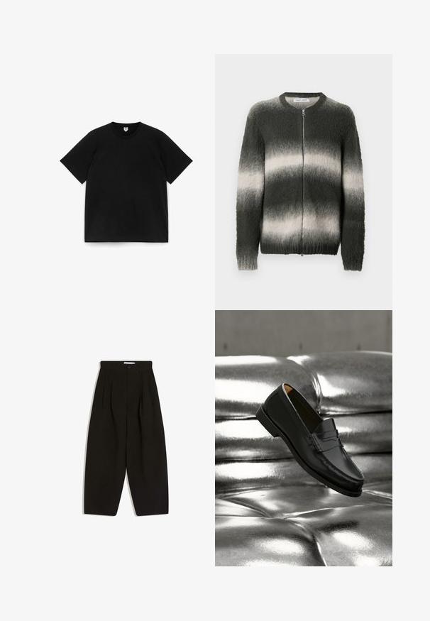 Pull en maille pelucheuse avec dégradé vert foncé et gris clair. Comprend une fermeture éclair à l'avant, un col rond, ainsi que des poignets et un ourlet côtelés.; T-shirt noir en coton à manches courtes et col rond, posé à plat sur un fond blanc.; Pantalon noir à jambes larges en tissu doux, avec un devant plissé, une fermeture à boutons et des poches latérales pour plus de fonctionnalité.; Mocassin en cuir noir flottant au-dessus d'un canapé en cuir argenté brillant matelassé à boutons dans un décor minimaliste.