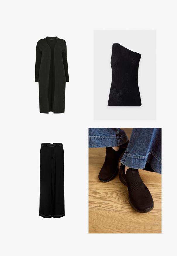 Schwarzer langer Cardigan aus weichem Strickstoff, mit offenem Vorderteil, langen Ärmeln und gerippten Bündchen. Minimalistisches Design ohne Verschlüsse.; Schwarzes Top mit einem Schulterriemen aus strukturiertem Stoff, das über ein gerippteres Muster und eine taillierte Passform verfügt. Glatte Oberfläche ohne sichtbare Beschläge.; Schwarze Hosen mit weitem Bein, weißen sichtbaren Nähten entlang des Bunds, der vorderen Naht und des Saums, ausgestattet mit Gürtelschlaufen und einer glatten Textur.; Schwarze Slipper mit einem strukturierten Strickobermaterial und elastischem Eingangsbereich. Abgerundete Zehenform und profilierte, gepolsterte Sohle, getragen mit einem Denim-Saum.
