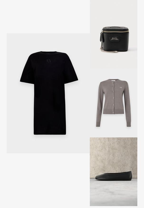 Cardigan gris en maille avec manches longues, poignets et ourlet côtelés, doté d'un col arrondi et d'une fermeture à boutons. Logo "2ND" brodé sur la poitrine.; T-shirt noir à col rond et manches courtes, avec un détail de logo sur la poitrine. Fabriqué en tissu doux avec une coupe décontractée.; Ballerine en cuir noir avec un bout arrondi, texture lisse et un accent logo doré sur le côté. Placée au-dessus d'une surface réfléchissante.; Sac bandoulière en cuir noir avec une chaîne argentée, fermeture éclair et plaque de marque. Forme compacte et carrée avec une texture lisse.