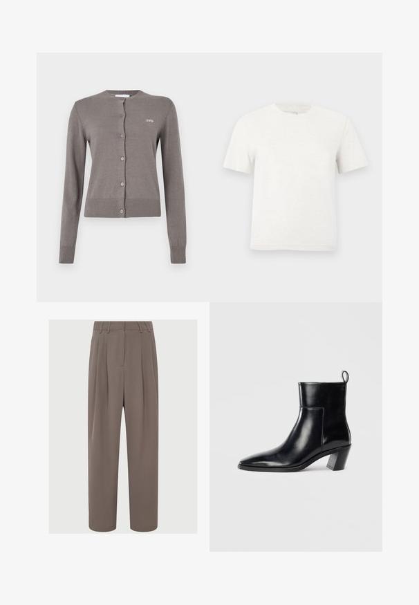 Grå strikket cardigan med lange ærmer, ribbede manchetter og kant, med rund halsudskæring og knaplukning. "2ND" logo broderet på brystet.; Hvid, kortærmet bomulds-T-shirt med rund halsudskæring og et diskret broderet logo placeret midt på brystet.; Brune plisserede bukser med høj talje, slankt stof, vidde ben-design og sidelommer, der har en glat og let tekstur.; Sort læder ankelstøvle med spids tå, geometrisk stablet hæl og en løftestrop bagpå. Glat tekstur og slankt design.