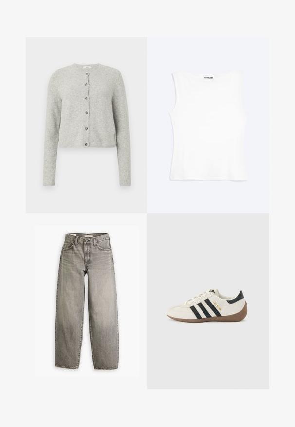 Lichtgrijze cardigan van een zachte, textuurrijke stof. Heeft een ronde halslijn, lange mouwen en een knopenfront met zes knopen.; Wit nauwsluitend mouwloos tanktopje met een ronde halslijn en minimalistisch ontwerp, met het label "WEEKDAY" aan de binnenkant van de kraag.; Lichtgrijze wide-leg jeans met een hoge taille, vijf zakken en opvallende stiksels. Heeft een vervaagde textuur en een ruwe zoom aan de onderkant.; Witte Adidas-sneaker met zwarte strepen, bruine gestructureerde zool en gouden "SPEZIAL"-letters aan de zijkant, gezien vanaf de buitenkant.