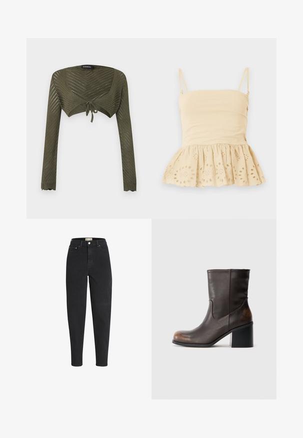 Oliven grøn langærmet cropped strikket shrug med chevron åbenarbejdsmønster og bindelukning foran.; Beige ærmeløs top med tynde justerbare stropper og en flæset kant med broderede blomsterudskæringsmønstre.; Sorte højtaljede jeans med tapered ben, lukkes foran med knap og lynlås, for- og baglommer samt detaljer med metalnitter.; Mørkebrune læderstøvler til midt på læggen med rund tå og blokhæl, der viser subtile slidte detaljer på tå- og hælområder.