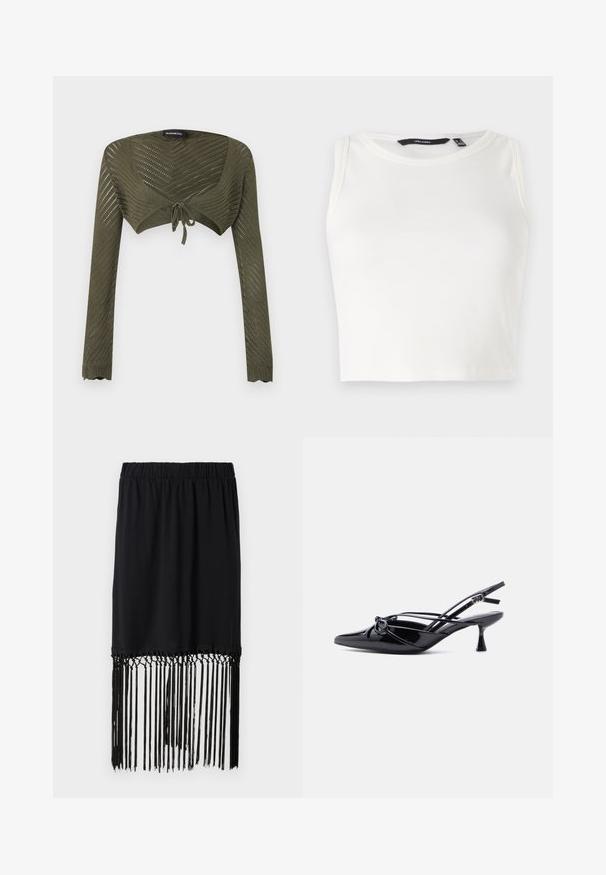 Shrug de punto de manga larga en verde oliva, corto, con patrón calado en forma de chevron y cierre con lazo frontal.; Top sin mangas blanco de canalé con escote redondo. La tela parece suave y elástica, sin adornos ni patrones visibles.; Falda negra con cintura elástica y dobladillo con flecos. Los flecos están hechos de hilos finos, aportando textura y detalle al diseño.; Zapato de salón slingback de charol negro con punta afilada, tacón bajo tipo kitten, y detalle decorativo de lazo anudado en la parte delantera.