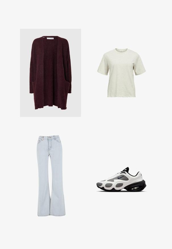 Bordeaux open cardigan van zacht, textuurstof. Beschikt over lange mouwen, twee voorzakken en een losse pasvorm.; Effen lichtbeige T-shirt met korte mouwen en ronde hals, met een losse pasvorm, weergegeven op een witte achtergrond.; Lichtblauwe flared jeans van denim met een hoge taille, vijf zakken en contrasterende stiksels langs de naden.; Witte en zwarte atletieksneaker met meshpanelen, zichtbare luchtkussenzool en klein zwart swoosh-logo aan de zijkant.