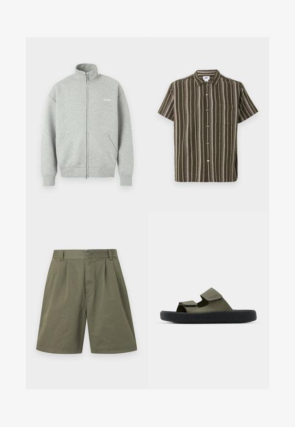 Sivá mikina na zips, vyrobená z mäkkého materiálu, s vysokým golierom, dvoma prednými vreckami a minimalistickým bielym logom na hrudi.; Olívovo zelená košeľa s krátkym rukávom, zapínaná na gombíky, s vertikálnymi béžovo-bielymi pruhmi a náprsní vreckom.; Zelené bavlnené krátke nohavice do kolena s prednými záhybmi, pútkami na opasok, bočnými vreckami, zapínaním na gombík a zips.; Zelené gumové sandále s dvoma nastaviteľnými popruhmi a textúrovanou čiernou podrážkou s dezénom. Logo značky viditeľné na popruhu.