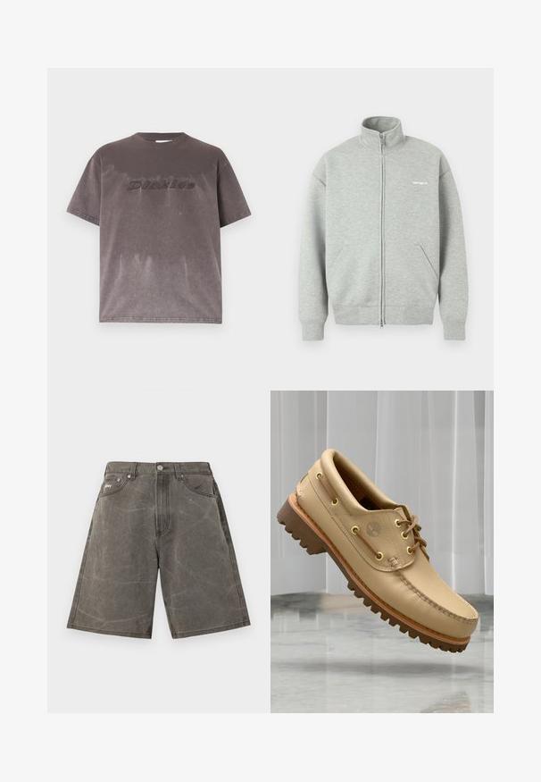 Sweat-shirt gris à fermeture éclair, en tissu doux, doté d'un col montant, de deux poches avant et d'un logo minimaliste blanc sur la poitrine.; T-shirt à manches courtes gris foncé délavé avec "Dickies" brodé sur la poitrine, présenté sur un fond uni.; Shorts en denim gris délavé à taille haute, avec poches avant, passants pour ceinture, fermeture par bouton et texture subtilement froissée.; Chaussure bateau en cuir marron clair avec semelle épaisse et striée et détails de lacets, flottant au-dessus d'un sol en marbre et d'un fond de stores verticaux blancs.