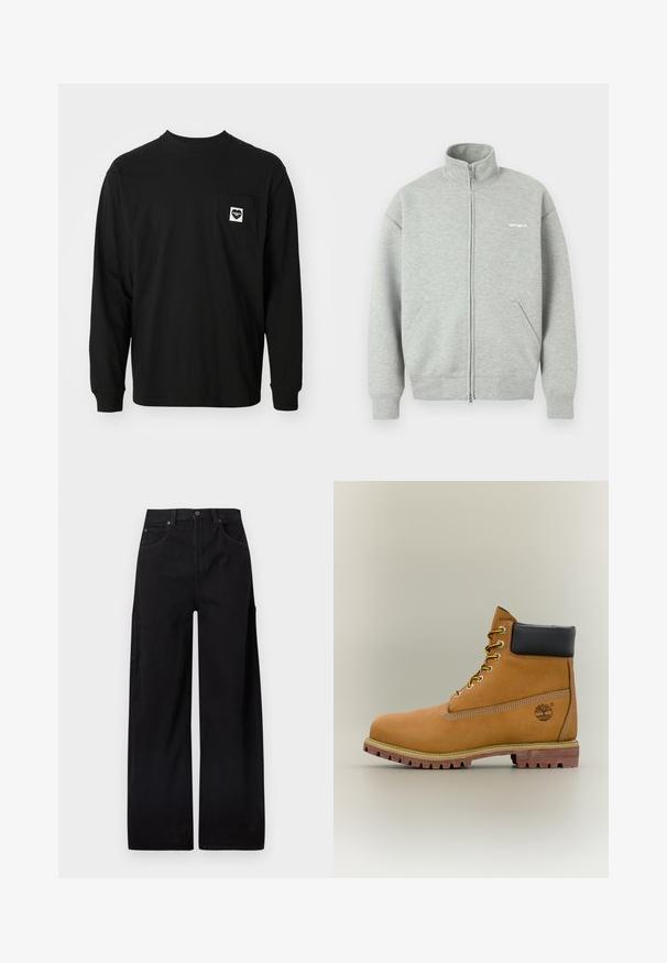 Sivá mikina na zips, vyrobená z mäkkého materiálu, s vysokým golierom, dvoma prednými vreckami a minimalistickým bielym logom na hrudi.; Čierne tričko s dlhým rukávom vyrobené z bavlny, s okrúhlym výstrihom a náprsním vreckom s logom srdca a textom.; Čierne široké nohavice z bavlneného denimu, s vysokým pásom, dvoma vreckami vpredu a bočným nákladným vreckom pre väčšiu úžitkovosť.; Hnedá kožená členková členková obuv s čiernym golierom, žltými šnúrkami a béžovou podrážkou. Má logo a biele prešívanie. Hrubá podrážka s dobrým záberom.