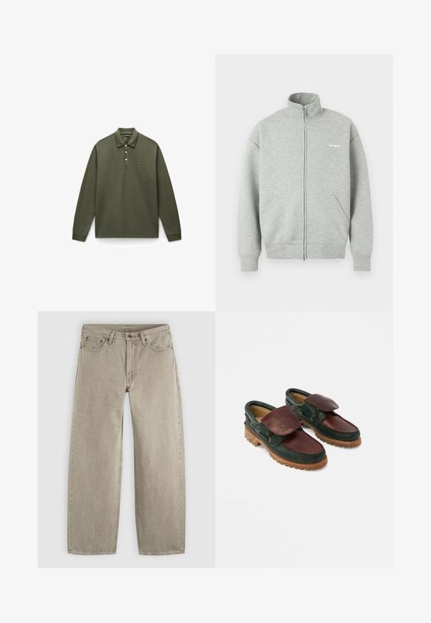 Hall tooniga lukuga dressipluus, valmistatud pehmest kangast, millel on kõrge krae, kaks esiataskut ja valge väike logo rinnal.; Oliiviroheline pikkade varrukatega polo särk, mis on valmistatud puuvillast, sisaldab kolme nupuga sulgemist, soonikutega mansette ja väikest tikandiga logo rinnal.; Õlgkastani värvi sirge säärega teksapüksid, ees taskud, vööaasad, nööpidega kinnitamine ja nähtavad õmblused ühtlasel heledal taustal.; Nahast kingad, millel on tume roheline kere ja burgundiapunane ülemine osa, ümar ninaosa, kinnitatud klapp ning soontega tekstureeritud kummist tald.