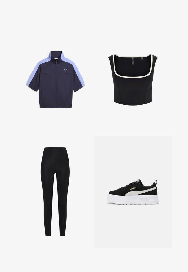 Marineblå jakke med lyseblå korte ærmer og høj krave, med fuld lynlås foran og hvidt Puma-logo på brystet. To sidelommer.; Sort ærmeløs crop top med hvid kant langs den firkantede udskæring og ærmegab, mærket størrelse small.; Sorte leggings lavet af strækbart stof. Høj talje design, glat tekstur, tætsiddende silhuet, ingen synlige mønstre eller accenter.; Sorte ruskinds sneakers med en hvid gummiplatformsål, der har en hvid lateral stribe og et guld logo accent på siden.