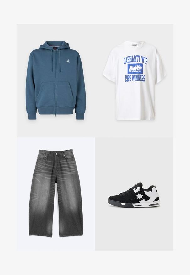 Blå hættetrøje med lynlås, lavet af blødt materiale, med en kængurulomme, ribbede ærmeender og en lille hvid logo på brystet.; Hvid T-shirt med korte ærmer med blå tekst på forsiden med teksten "CARHARTT WIP," "Big Wip Conference," og "1989 Winners".; Bredbenede, falmede sorte cowboybukser med forlommer og knaplukning, vist fladt på en lys baggrund.; Sort og hvid sneakers lavet af ruskind og mesh. Har et fremtrædende stjernelogo og dristige detaljer på siden, samt en polstret sål.