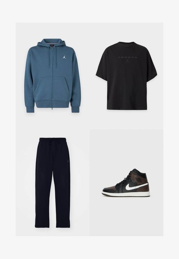 Blauwe hoodie met ritssluiting van zacht materiaal, voorzien van een kangoeroezak, geribbelde mouwen en een klein wit logo op de borst.; Zwart Jordan T-shirt met korte mouwen, met een subtiel zwart reliëflogo en Jumpman-silhouet gecentreerd op de borst.; Zwarte trainingsbroek gemaakt van zacht materiaal. Voorzien van een elastische tailleband met een trekkoord en zijzakken. Rechtovertrek ontwerp.; Zwarte en bruine hoge sneakers met leren bovenwerk, witte swoosh-logo, geperforeerde neus en rubberen zool. Beschikt over zwarte veters en kraag.