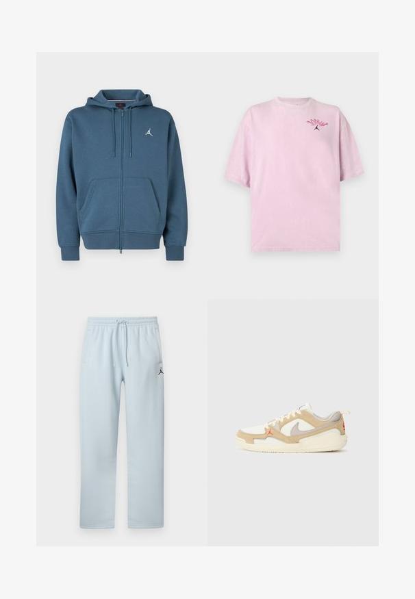 Blå hættetrøje med lynlås, lavet af blødt materiale, med en kængurulomme, ribbede ærmeender og en lille hvid logo på brystet.; Lyserød oversized t-shirt med korte ærmer, med lille flerfarvet "Jordan" tekst og sort Jumpman-logo på øverste venstre bryst.; Lyseblå joggingbukser lavet af blødt stof med elastisk taljebånd med snor, to sidelommer og en sort logo-detalje.; Hvide og beige sneakers med net- og ruskindspaneler, grå accenter, rødt logo og orange trækflap. Rund tå og polstret således design.