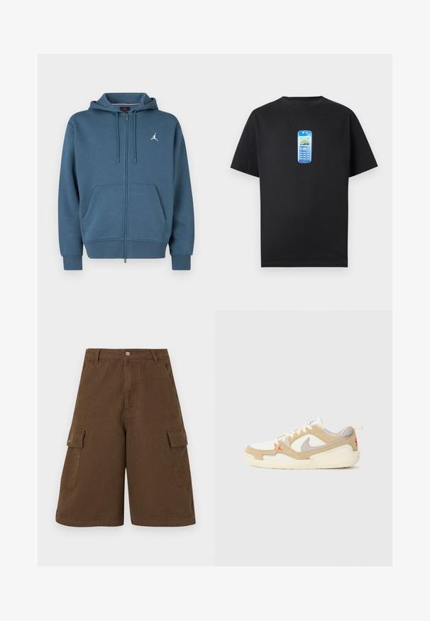 Blå hættetrøje med lynlås, lavet af blødt materiale, med en kængurulomme, ribbede ærmeender og en lille hvid logo på brystet.; Sort T-shirt med et blåt grafik af en vintage mobiltelefon med lille skærm og tastatur i midten af brystet.; Brune cargo shorts med lige snit, to sidelommer og knaplukning foran. Fremstillet af slidstærkt bomuldsstof med en mat finish.; Hvide og beige sneakers med net- og ruskindspaneler, grå accenter, rødt logo og orange trækflap. Rund tå og polstret således design.