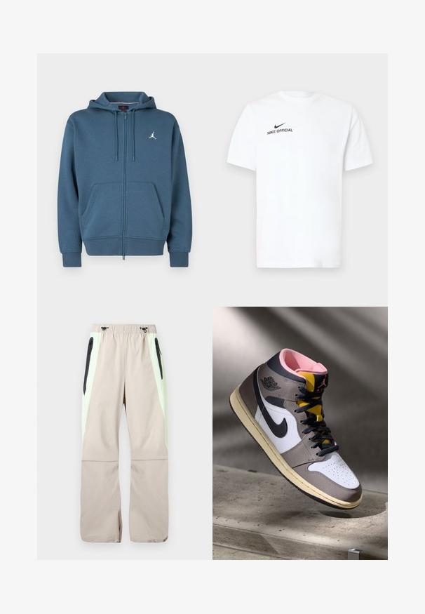 Modrá mikina na zips z mäkkého materiálu, vybavená kapsou na brušku, rebrovanými manžetami a malým bielym logom na hrudi.; Biele bavlnené tričko s krátkym rukávom. Na ľavej strane hrudníka je čierne logo "Nike Official" a čierny znak Swoosh.; Béžové nohavice so svetlozelenými bočnými panelmi, čiernymi zipsovými vreckami na stehnách a elastickým pásom s čiernymi šnúrkami.; Biele, šedé a čierne vysoké tenisky Nike Air Jordan s ružovým interiérom a žltým jazykom, umiestnené na betónovom povrchu.