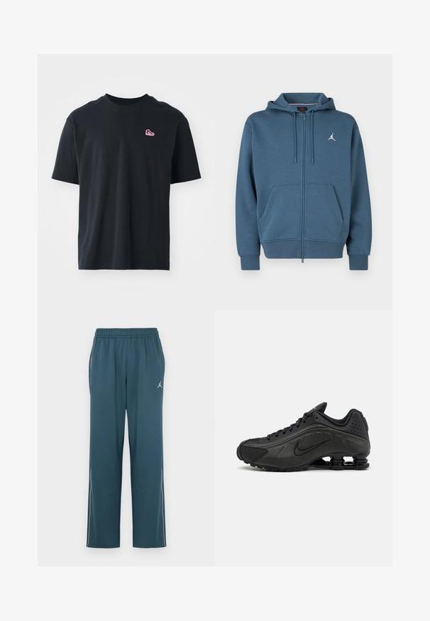 Sweat à capuche bleu avec fermeture éclair, fabriqué en matériau doux, comprenant une poche kangourou, des poignets côtelés et un petit logo blanc sur la poitrine.; T-shirt en coton noir à manches courtes, col rond, avec un petit logo de basket rouge brodé sur la poitrine gauche. Texture lisse et design minimal.; Pantalon de sport bleu sarcelle foncé avec une taille élastique, deux poches latérales, des bandes blanches sur les côtés et un petit logo sur la cuisse gauche.; Baskets de course noires avec une tige en synthétique lisse, des accents perforés, des panneaux latéraux texturés et une semelle distincte et rebondissante.