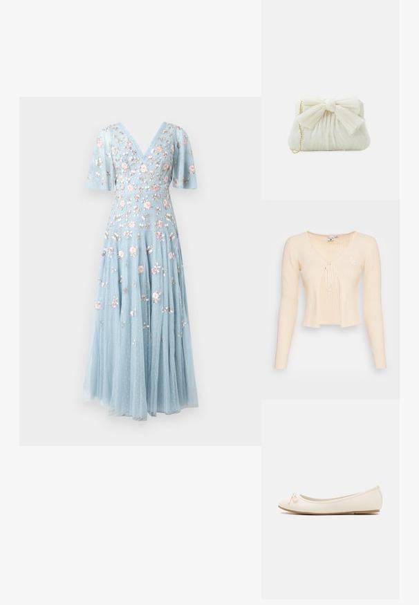 Pull en maille côtelée beige, court, avec des manches longues, un décolleté en V profond, une fermeture nouée à l'avant et un petit logo brodé sur le côté gauche.; Robe bleu clair avec broderie florale rose, col en V, manches courtes volantées, taille cintrée et jupe plissée fluide.; Ballet flats de couleur crème avec un bout arrondi, un petit nœud sur le devant et une semelle beige texturée. Matériau synthétique lisse.; Sac à main plissé blanc avec un nœud proéminent et une chaîne dorée. Texture douce avec un design froncé à l'avant.