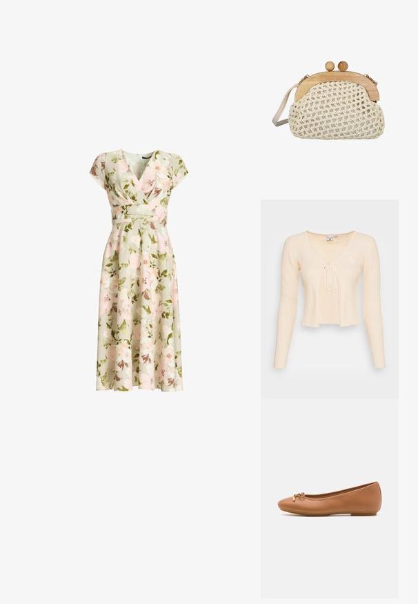 Jersey recortado de color beige con rayas, de mangas largas, escote en V profundo, cierre atado en el frente y un pequeño logo bordado en el lado izquierdo.; Vestido cruzado verde con estampado floral, mangas tipo capa, cintura ajustada y falda midi en línea A con flores rosas y blancas y hojas verdes.; Bailarina de piel color marrón claro con punta redondeada, un pequeño lazo decorativo en la parte delantera y una suela de goma flexible para mayor comodidad.; Pequeño bolso beige tejido con marco de madera y cierre redondo de madera, con una correa para el hombro de color claro.