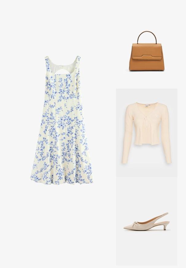 Jersey recortado de color beige con rayas, de mangas largas, escote en V profundo, cierre atado en el frente y un pequeño logo bordado en el lado izquierdo.; Vestido floral en crema con flores azules. Posee un escote redondeado y un corte en la espalda. Fabricado en tela ligera con una silueta fluida.; Tacones slingback de charol beige con puntera afilada y un lazo decorativo en el empeine. Incluyen un tacón bajo y estilizado con una textura suave.; Bolso de piel color cuero claro con forma trapezoidal estructurada, asa superior y cierre con solapa frontal con sutil marca en relieve.