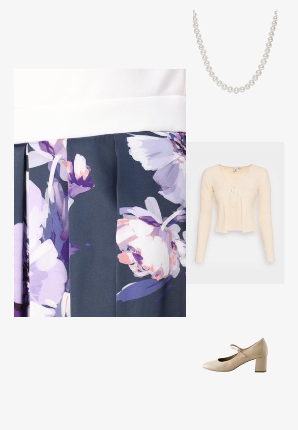 Jersey recortado de color beige con rayas, de mangas largas, escote en V profundo, cierre atado en el frente y un pequeño logo bordado en el lado izquierdo.; Falda floral con una cinturilla blanca estructurada. La tela presenta patrones florales multicolores sobre un fondo oscuro, con detalles de diseño plisados.; Zapato Mary Jane de charol beige con puntera redonda, tira ajustable sobre el empeine y tacón medio de bloque.; Collar de perlas blancas con perlas redondas, suaves y de tamaño uniforme, con un acabado brillante, ensartadas para formar un diseño clásico.