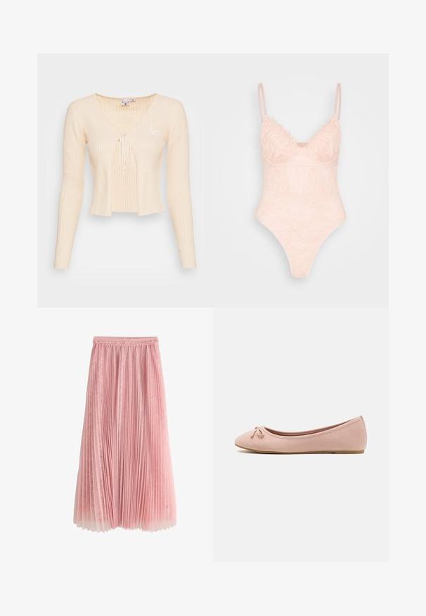Beige geribbelde cropped sweater met lange mouwen, diepe V-hals, knoopsluiting aan de voorkant en een klein geborduurd logo aan de linkerkant.; IN THE STYLE LINGERIE BODYSUIT - Top - rosé; Roze geplooide midi-rok met een kanten onderlaag en een geplooide tailleband, getoond op een witte achtergrond.; Ballet flats van zacht rozenhuid-suède met een ronde neus en een klein strikdetail aan de voorkant, met een lage platte zool.