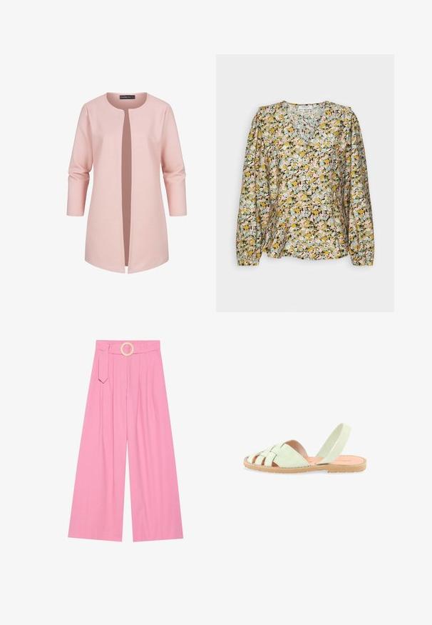 Lyserød jakke med rund halsudskæring, åben front og trekvartærmer. Fremstillet af tekstureret stof med lodrette striber.; MSCH Copenhagen MINETTA BENINA V NECK - Bluse - tobacco; Rosa brede bukser med høj talje, der har et bælte med en cirkulær træspænde og folder for tekstur.; Lysegrøn flad sandal med vævede frontremme, åben tå og en elastisk bagrem på en tanfarvet gummisål.
