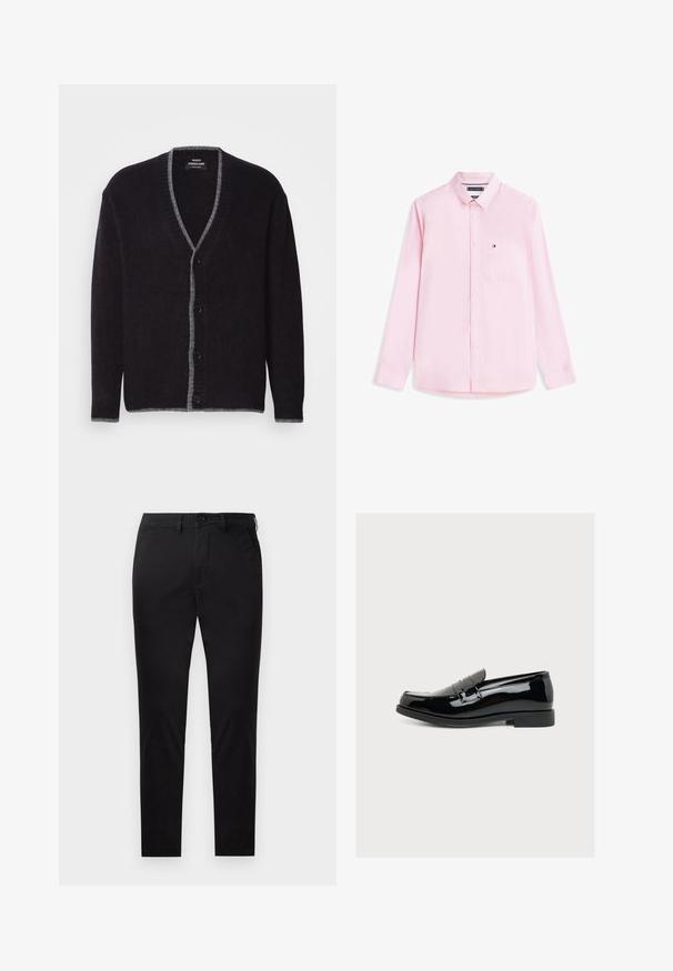 Dunkelgrauer, knöpfbarer Cardigan mit hellgrauen Akzenten entlang des V-Ausschnitts, der Vorderseite, den Bündchen und dem Saum.; Hellrosa langärmliges Hemd mit Knöpfen, einem Button-Down-Kragen und einem kleinen Logo auf der Brusttasche.; Schwarze Slim-Fit-Hose mit Knopf- und Reißverschluss, Gürtelschlaufen und ohne sichtbare Taschen, gezeigt vor weißem Hintergrund.; Glänzender schwarzer Lackleder-Slipper mit niedrigem Absatz und Riemendetail über dem Spann, seitlich auf schlichtem Hintergrund gezeigt.
