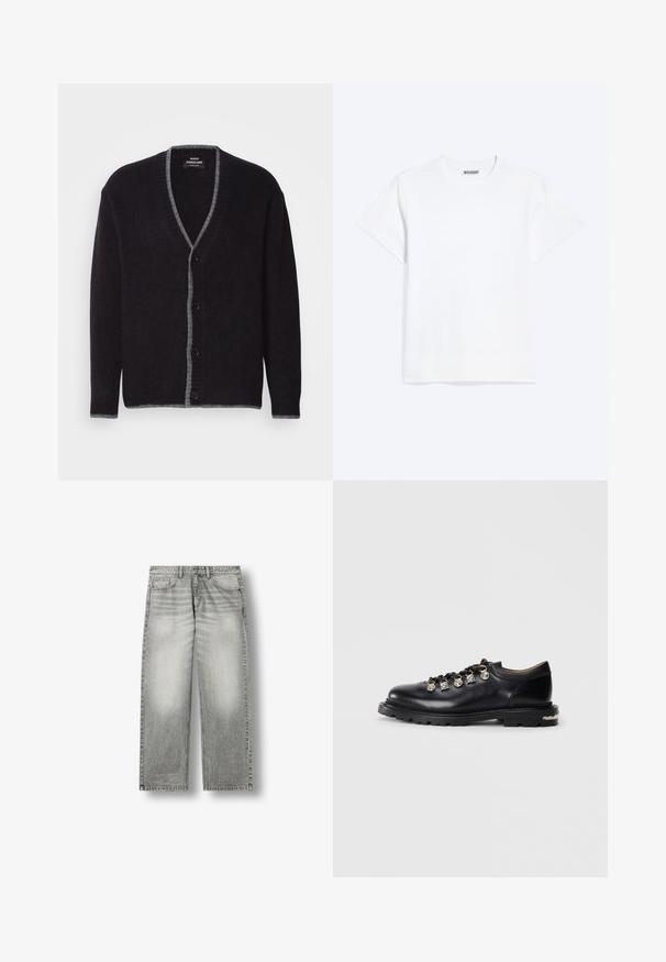 Mørkegrå button-up cardigan med lysere grå kant langs V-halsen, fronten, manchetterne og kanten.; Enkelt hvid t-shirt med korte ærmer og rund halsudskæring med et "WEEKDAY" mærke på indersiden af nakken, vist på en lys baggrund.; Gråblegede straight-leg jeans med forlommer, bæltestropper og knaplukning på hvid baggrund.; Sorte læder lavskårne sko med tyk sål, metaløjer, dekorative sølv charms på snørebåndene, og tekstureret mønster på sålen.