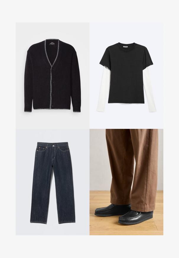 Cardigan à boutons gris foncé avec une bordure gris clair le long du col en V, à l'avant, aux poignets et à l'ourlet.; T-shirt noir à manches courtes superposé à une chemise blanche à manches longues, vue en plat sur un fond gris clair avec l'étiquette WEEKDAY visible à l'intérieur du col.; Jean en denim bleu foncé à coupe droite, avec passants pour ceinture, poches avant et arrière, et coutures contrastées. Aucun motif ni ornement visible.; Chaussures en cuir noir au design mocassin avec des détails de couture, accompagnées de pantalons bruns, sur un sol en bois.