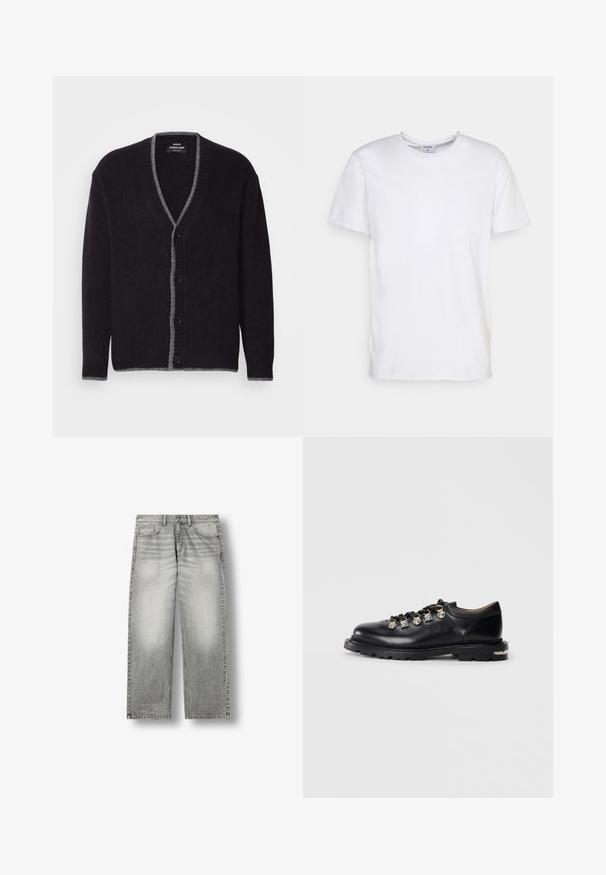 Mørkegrå button-up cardigan med lysere grå kant langs V-halsen, fronten, manchetterne og kanten.; Hvid kortærmet t-shirt lavet af bomuld. Har en rund halsudskæring og en afslappet pasform uden synlige mønstre eller detaljer.; Gråblegede straight-leg jeans med forlommer, bæltestropper og knaplukning på hvid baggrund.; Sorte læder lavskårne sko med tyk sål, metaløjer, dekorative sølv charms på snørebåndene, og tekstureret mønster på sålen.