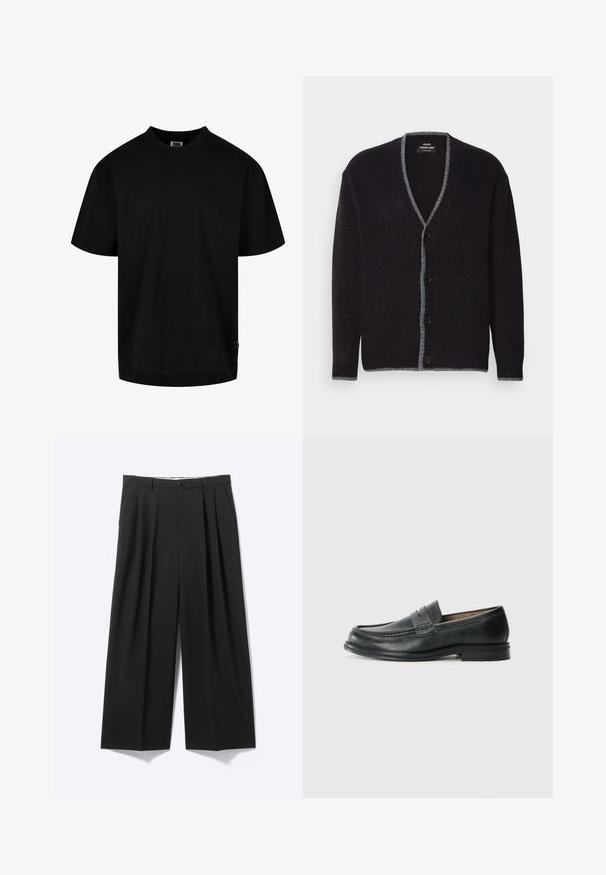 Mørkegrå button-up cardigan med lysere grå kant langs V-halsen, fronten, manchetterne og kanten.; Sort T-shirt lavet af bomuld, med rund halsudskæring og korte ærmer i en løs pasform. Enkel design, uden mønstre eller grafik.; Sorte bukser med vide ben, forplisser, bæltestropper og knaplukning vist på en ensartet lys baggrund.; Sorte læder loafers med et klassisk design, der har en syet detalje ved tåen og en lav, tekstureret gummisål.